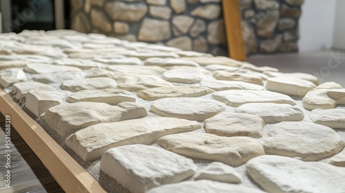 A stone wall with a wooden board on top