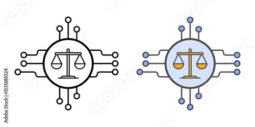 Scales of justice icon with AI lines representing intelligent legal balance, automated decision-making, and fairness in digital lawtech systems.