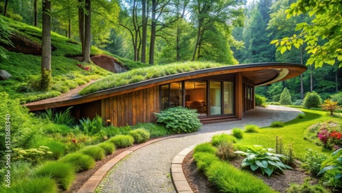 Modern eco-friendly dwelling nestled in a verdant woodland setting, featuring a living roof and a tranquil garden path