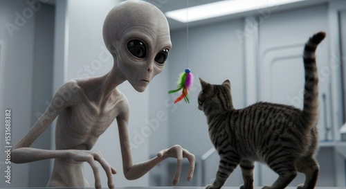 Alien observing playful cat with colorful toy in futuristic setting  
