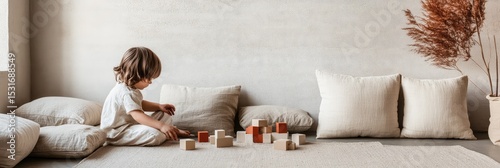 A child is playing with blocks on a rug