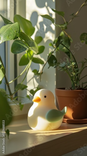 A white bird figurine is sitting on a windowsill next to a potted plant