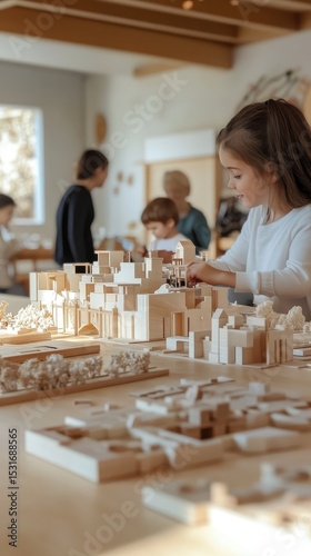 A girl is working on a model of a city