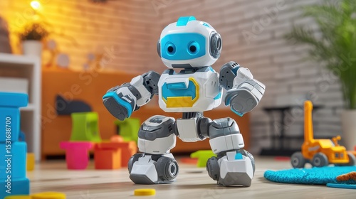 A robot is standing on a wooden floor