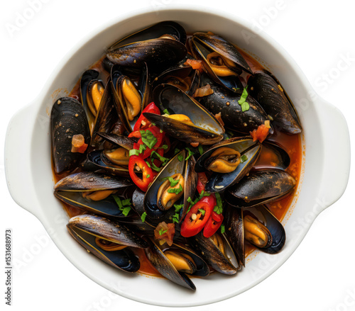 mussels with pepper, impepata main course in a white dish, on transparent background, delicious food italian recipe 