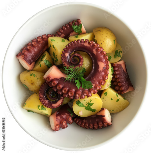 steamed octopus with potatoes, main course in a white dish, on transparent background, delicious food italian recipe 