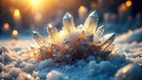 A breathtaking cluster of crystalline formations, glistening with an ethereal luminescence, rests serenely amidst a blanket of pristine, untouched snow, bathed in the warm glow of the setting sun.