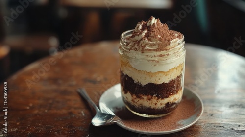 Layered dessert in jar, whipped cream, cocoa
