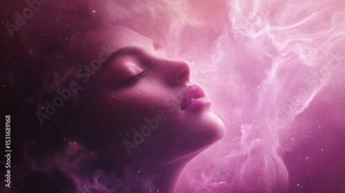 Woman with closed eyes, surrounded by pink smoke