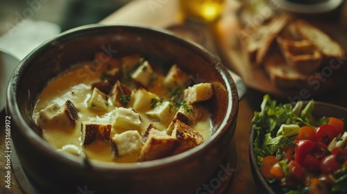 Melted cheese fondue with toasted bread
