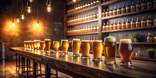 A row of amber and golden ales sits on a dark wood bar top in a dimly lit tavern, showcasing a variety of beer styles against a backdrop of bottled spirits