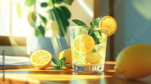 Refreshing lemonade in sunlit room