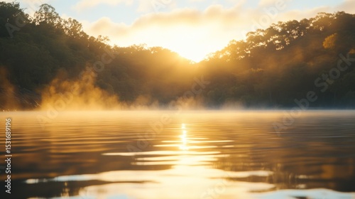 Sunrise over misty lake, golden light on water