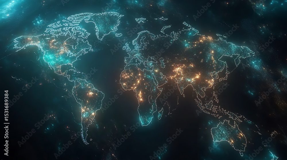 Fototapeta premium Glowing World Map with City Lights Concept
