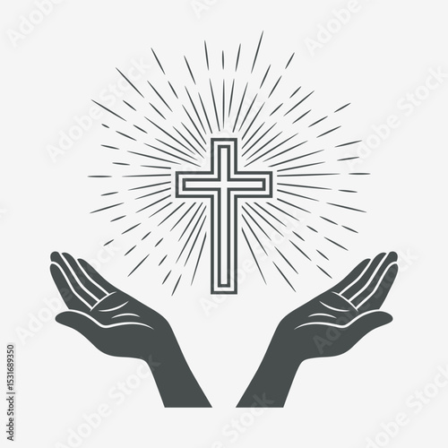 Black and White Open Hands with Cross and Divine Light, Symbol of Faith and Prayer. Design Template for Church Logo. Prayer, Religion Concept Monochrome Cut Out Silhouette Icon. Vector Illustration