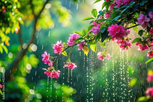 Vibrant pink blossoms gracefully cascade amidst a gentle rain shower, sunlight filtering through the leaves, creating a serene and enchanting scene of nature's beauty.