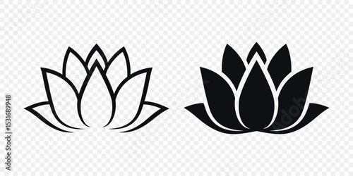 Flat Single Color Vector Lotus Flower Icon Set. Monochrome Floral Symbol. Lotus Silhouette Design for Yoga and Spa Logo. Botanical and Nature Emblem Set. Elegant Flower Clipart
