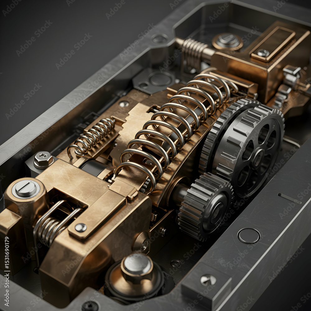 Naklejka premium A detailed view of the inner workings of a mechanical device with gears and springs visible inside