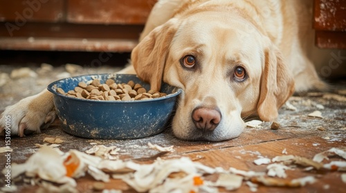 Sad Labrador retriever dog lying on floor near food bowl amidst wood shavings.