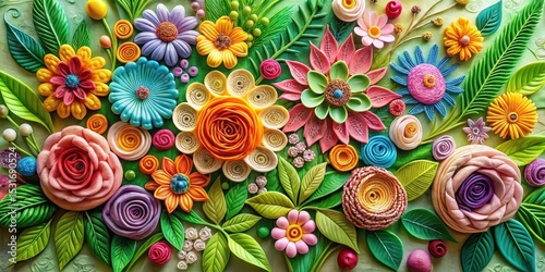 Vibrant Floral Composition Crafted from Polymer Clay, Showcasing a Lush Array of Sculpted Blossoms and Verdant Foliage in a Multifaceted Textured Design