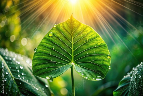 Heart-Shaped Leaf Glistening with Dew Drops Illuminated by Radiant Sunlight in Lush Green Foliage