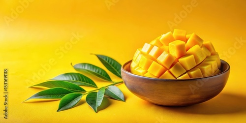 A vibrant bowl of diced mango fruit, nestled beside lush green leaves, creates a refreshing summer still life against a bright yellow backdrop.