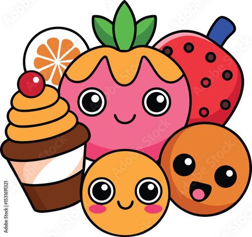 Kawaii Food Doodles Featuring Adorable Fruits and Sweets with Happy Faces - Perfect for Cute and Playful Design Projects