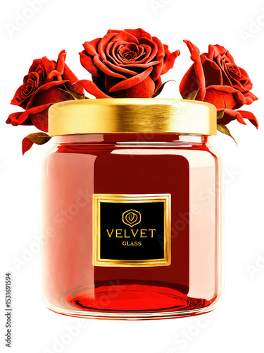 Luxurious red glass jar with a velvet design, set against a backdrop of soft red roses and golden accents
