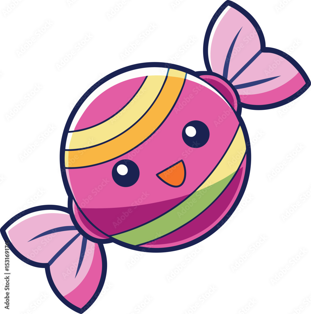 Obraz premium Colorful Striped Candy Illustration with Cute Smiling Face and Pink Bow Wrapper - Ideal for Confectionery Themes and Playful Design Projects