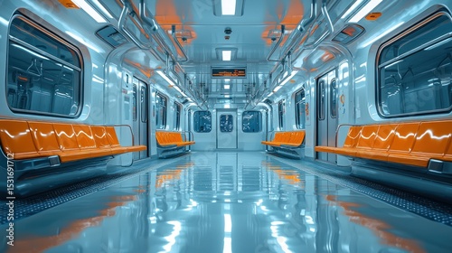 Modern subway car interior with orange seats