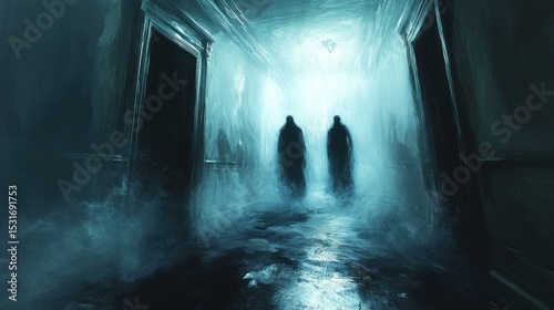 Spooky figures in misty hallway