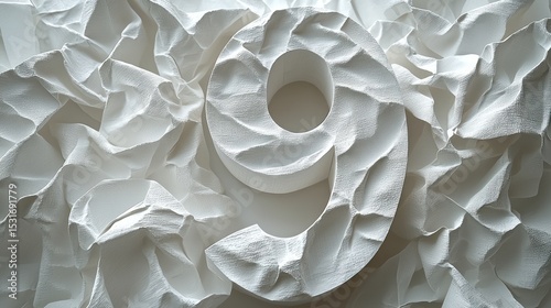 Number nine, sculpted white, amidst crumpled white paper