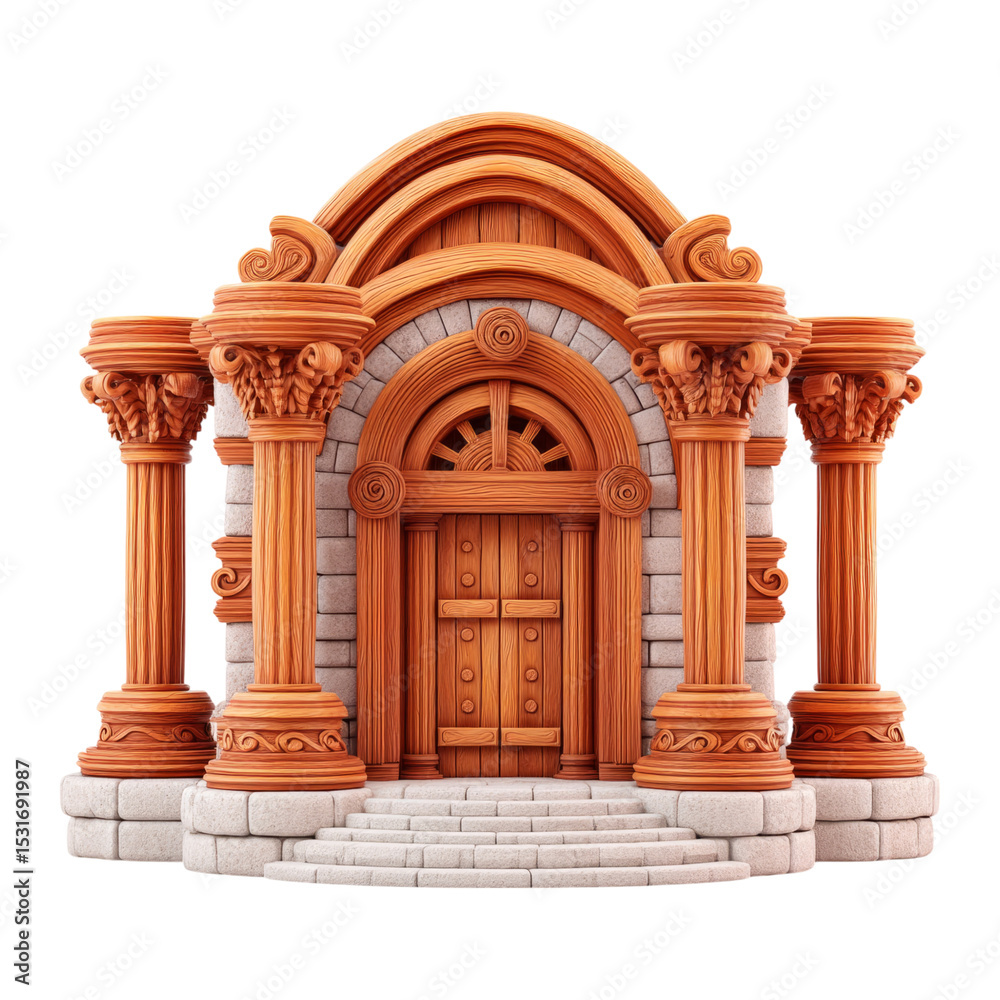 Obraz premium Intricately Carved Wooden Architectural Facade with Stone Steps and Ornate Columns