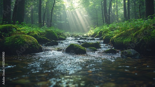 Misty forest stream bathed in sunlight
