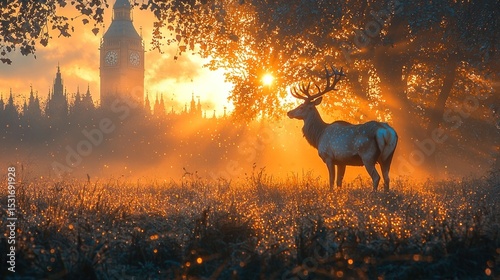 Majestic deer bathed in golden sunrise light, cityscape backdrop