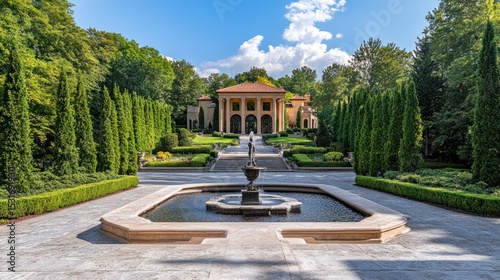 Grand estate with formal gardens, fountain, and stately home