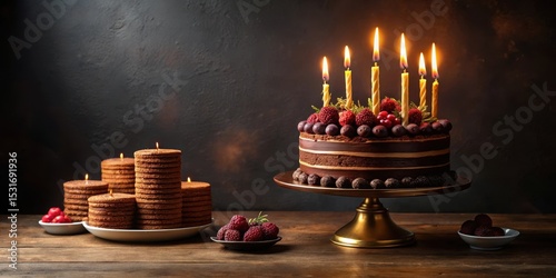 A decadent chocolate layered cake adorned with fresh berries and lit candles, accompanied by stacked biscuit candles on a rustic wooden table.