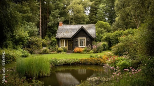 Quaint cabin nestled in lush garden by a pond