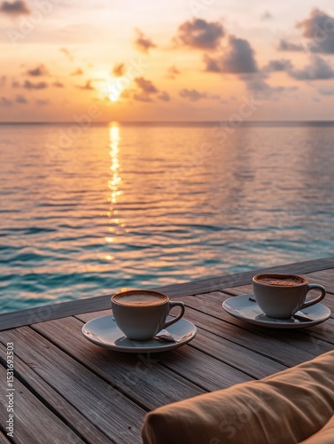 Two coffees on a wooden deck at sunset over the ocean