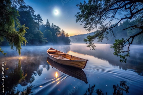 Serene Moonlight A Wooden Rowboat Gently Floats on a Misty Lake, Underneath a Starlit Sky, Surrounded by Tranquil Forest