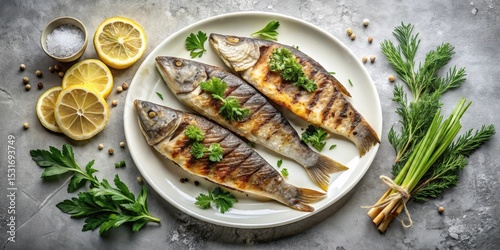 Grilled fish, lemon, herbs, and spices on a plate