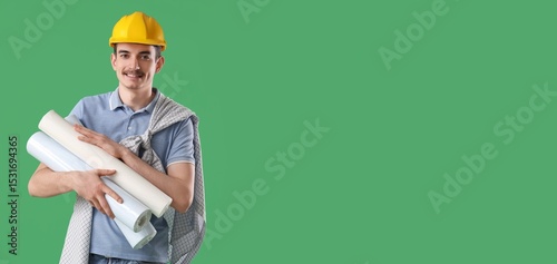 Male worker holding wallpap...