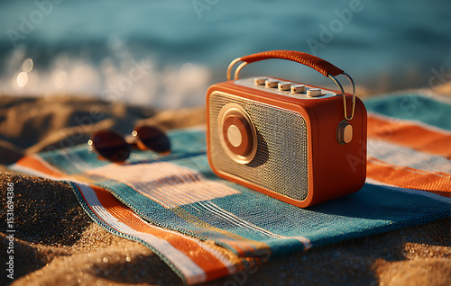 Retro Radio on Sandy Beach at Sunset