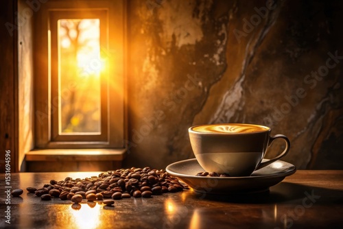 Golden Hour Coffee A Warm Mug of Latte Art Beside Roasted Beans on a Rustic Table with Sunlit Window
