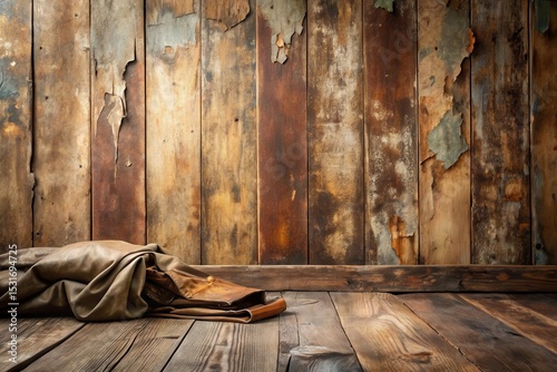 Rustic Wooden Room Interior Featuring Weathered Walls and Floor with Folded Fabric Item