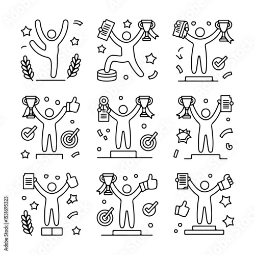 High Quality Victory, achievement line icon set