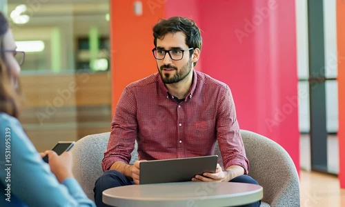 Two Colleagues Engage in Focused Discussion in Modern Office Setting with Red Accents and Natural Light