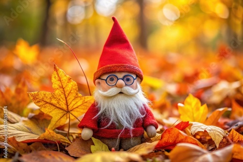 A whimsical autumnal gnome figurine, adorned in a red hat and spectacles, stands amidst a vibrant carpet of fallen maple leaves, creating a charming seasonal scene.
