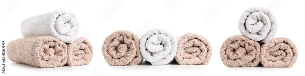 Set of many clean towels on white background Set of many clean towels on white background
