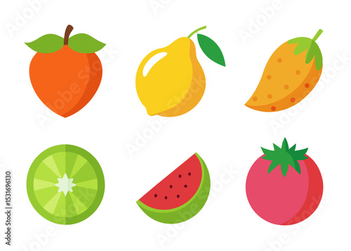 Flat design fruit icons peach lemon mango lime watermelon tomato